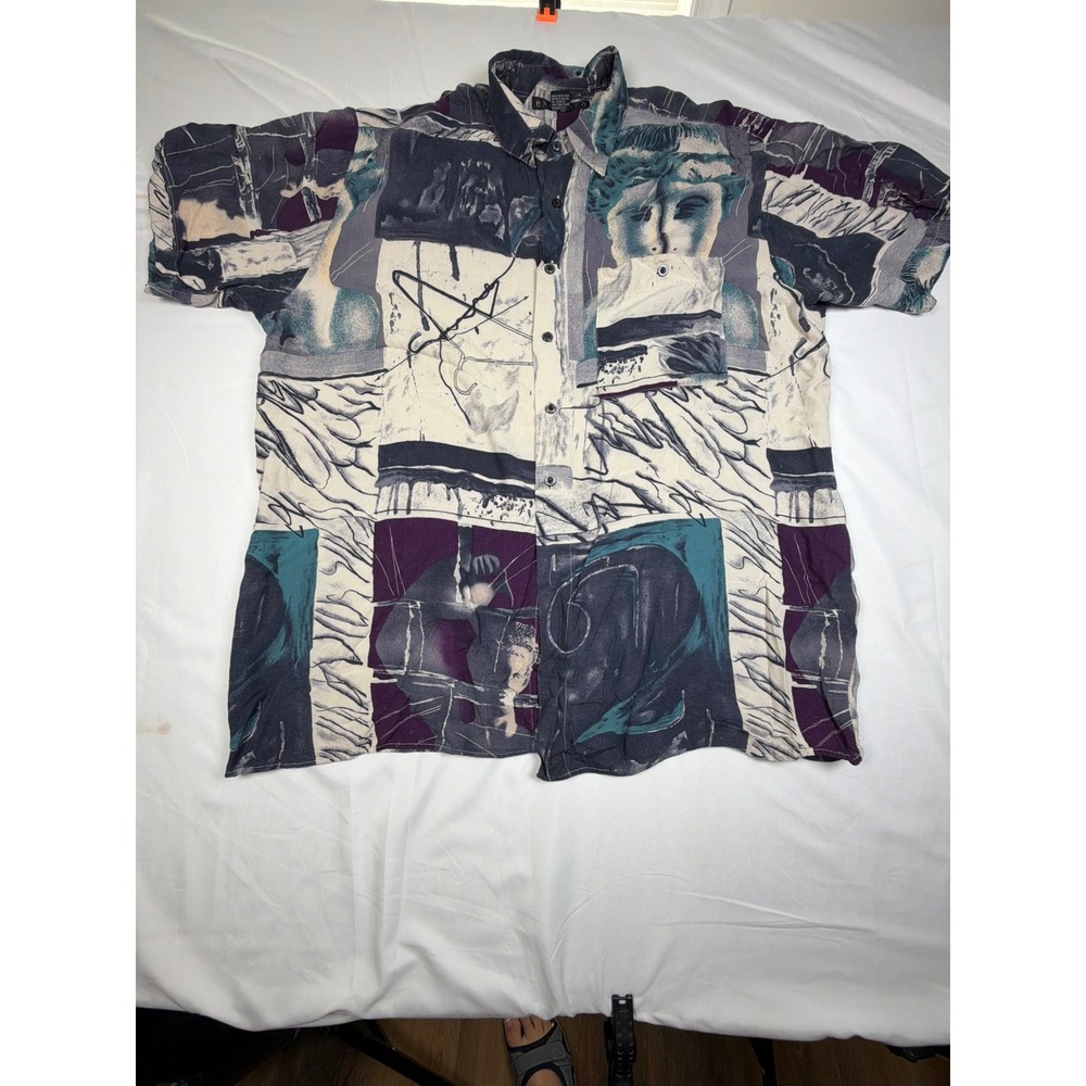 Excetera Vintage 90's Mens XL  Rayon Button Down Abstract wearable art